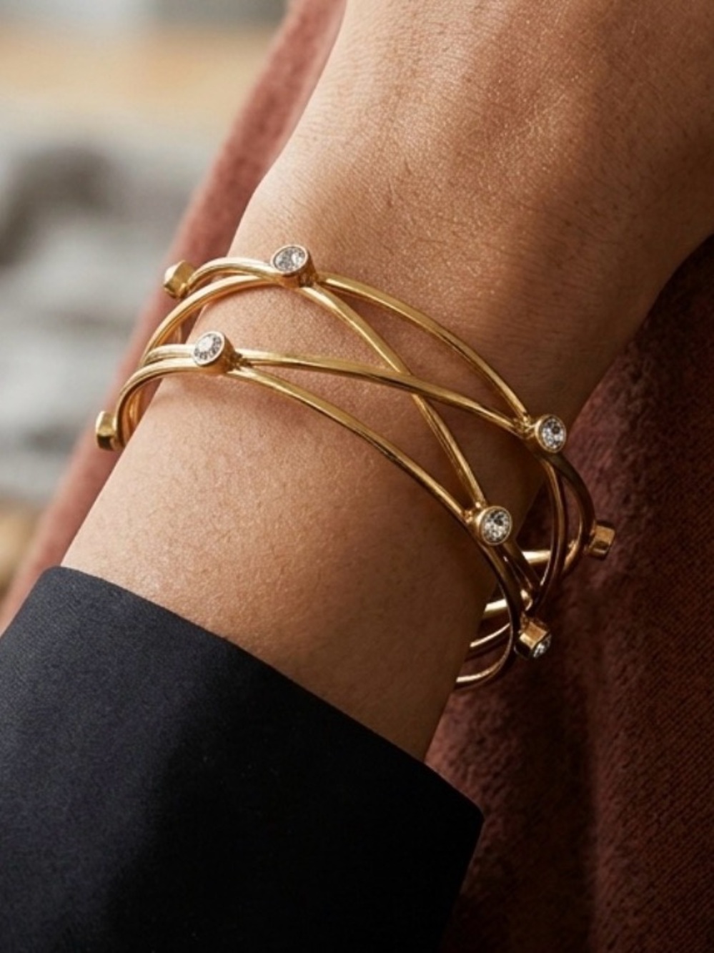 NALI STUDIO Gold Plated Stainless Steel Bangle with Rhinestone Details